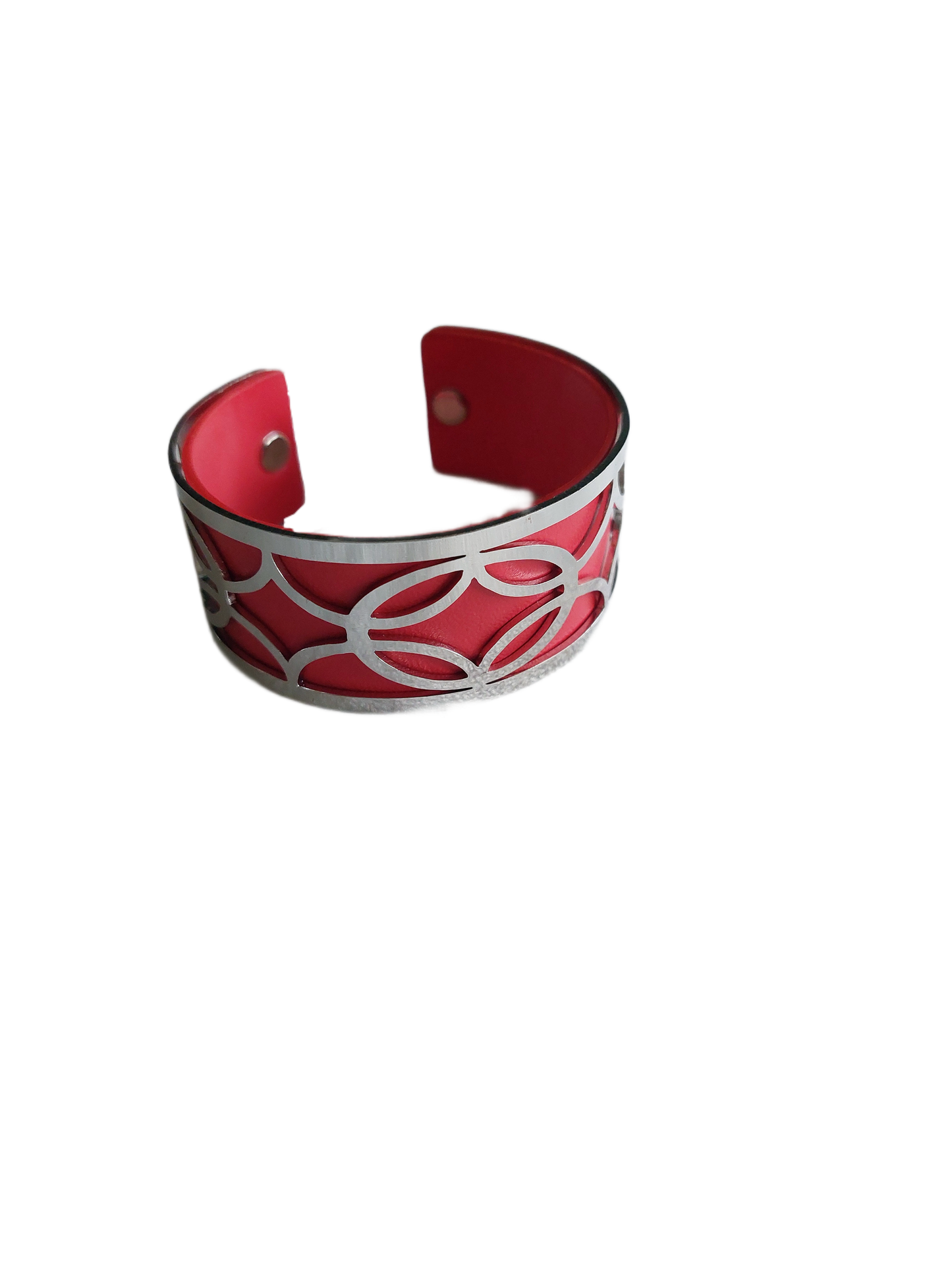 Brede zilverkleurige armband met ROOD PU lederen band, 25 mm
