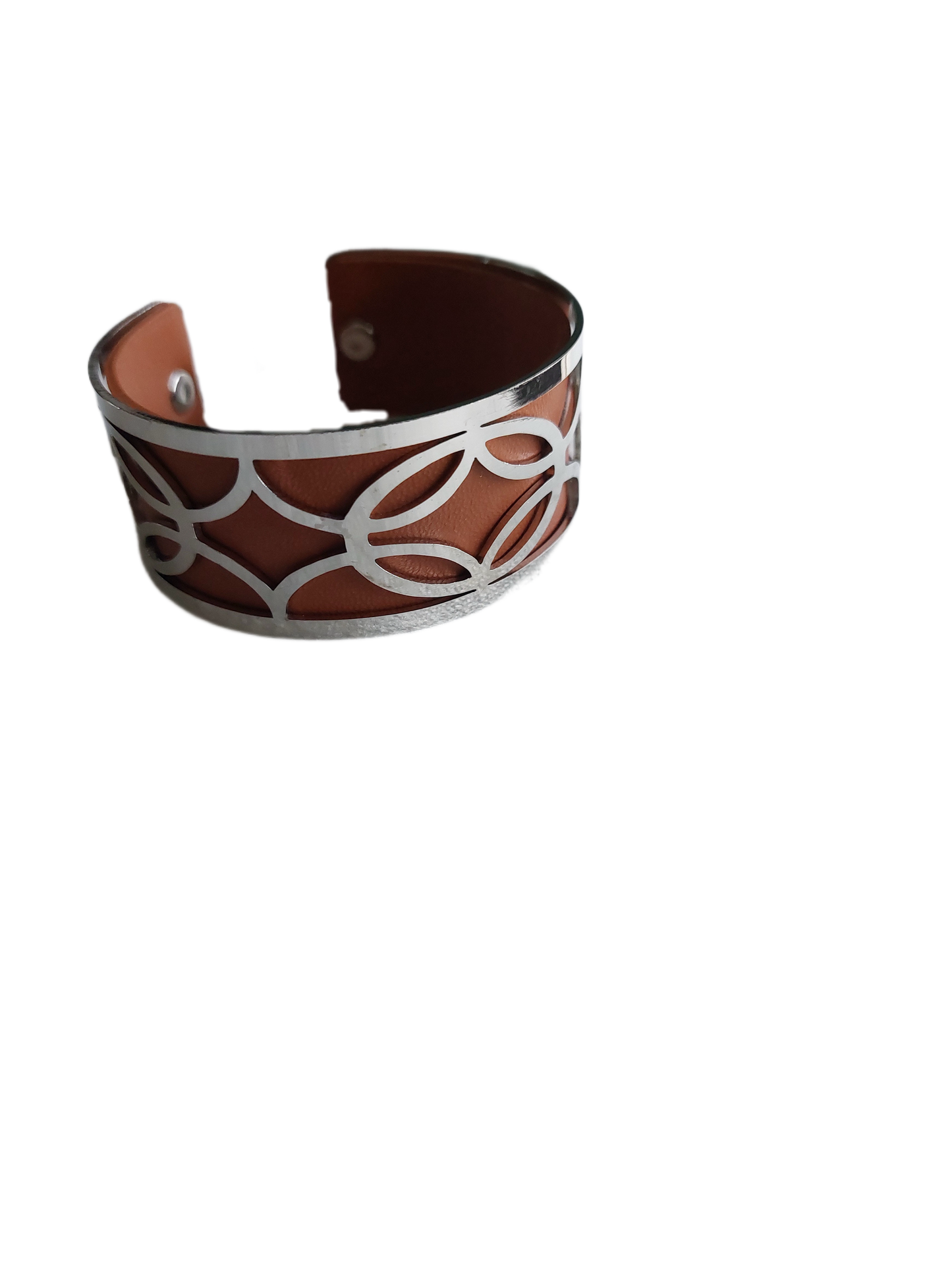 Brede zilverkleurige armband (verstelbaar) met BRUIN PU lederen band, 25 mm