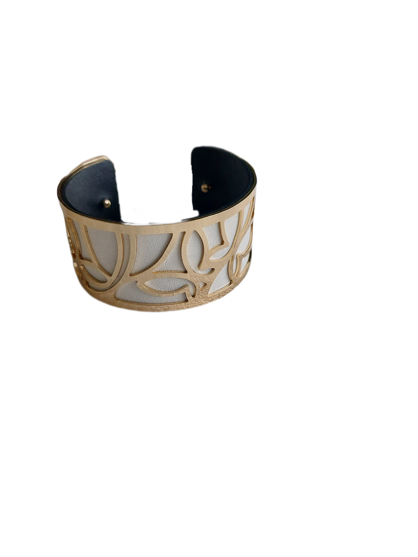 Brede goudkleurige armband (verstelbaar) met WIT-ZWART PU lederen band, 30 mm