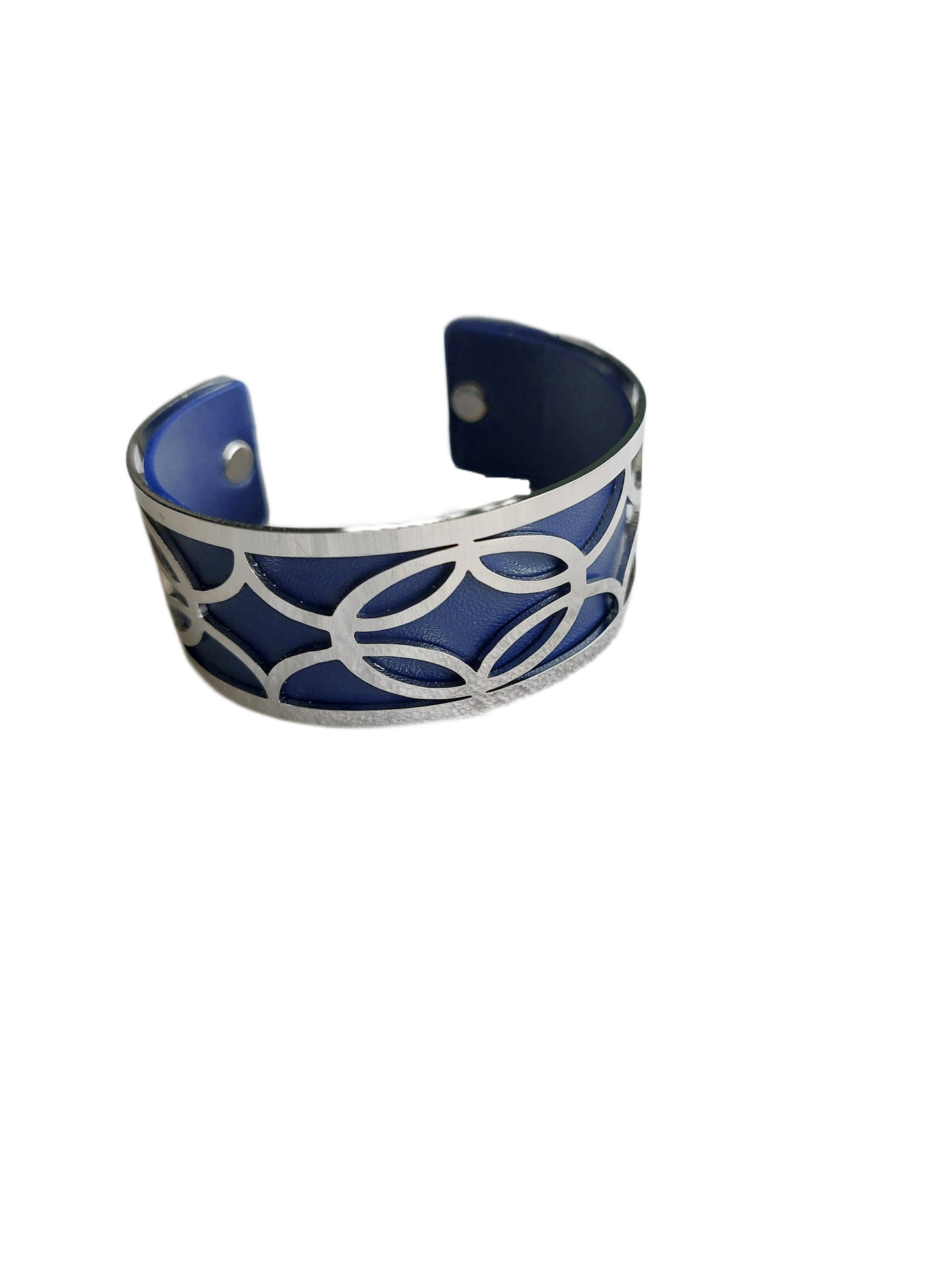 Brede zilverkleurige armband (verstelbaar) met BLAUW PU lederen band, 25 mm