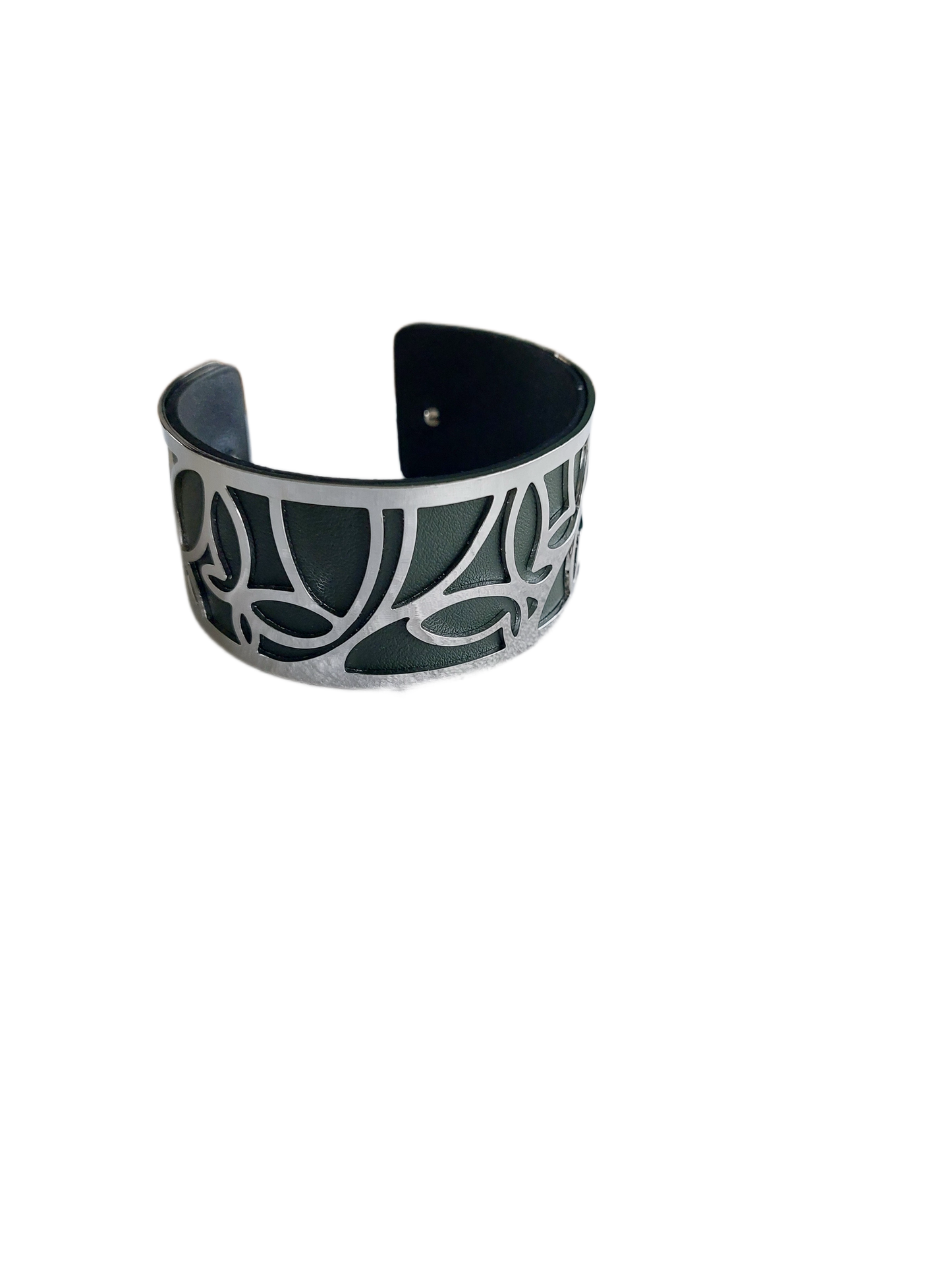 Brede zilverkleurige armband (verstelbaar) met DONKERGROEN-ZWARTE PU lederen band, 30 mm