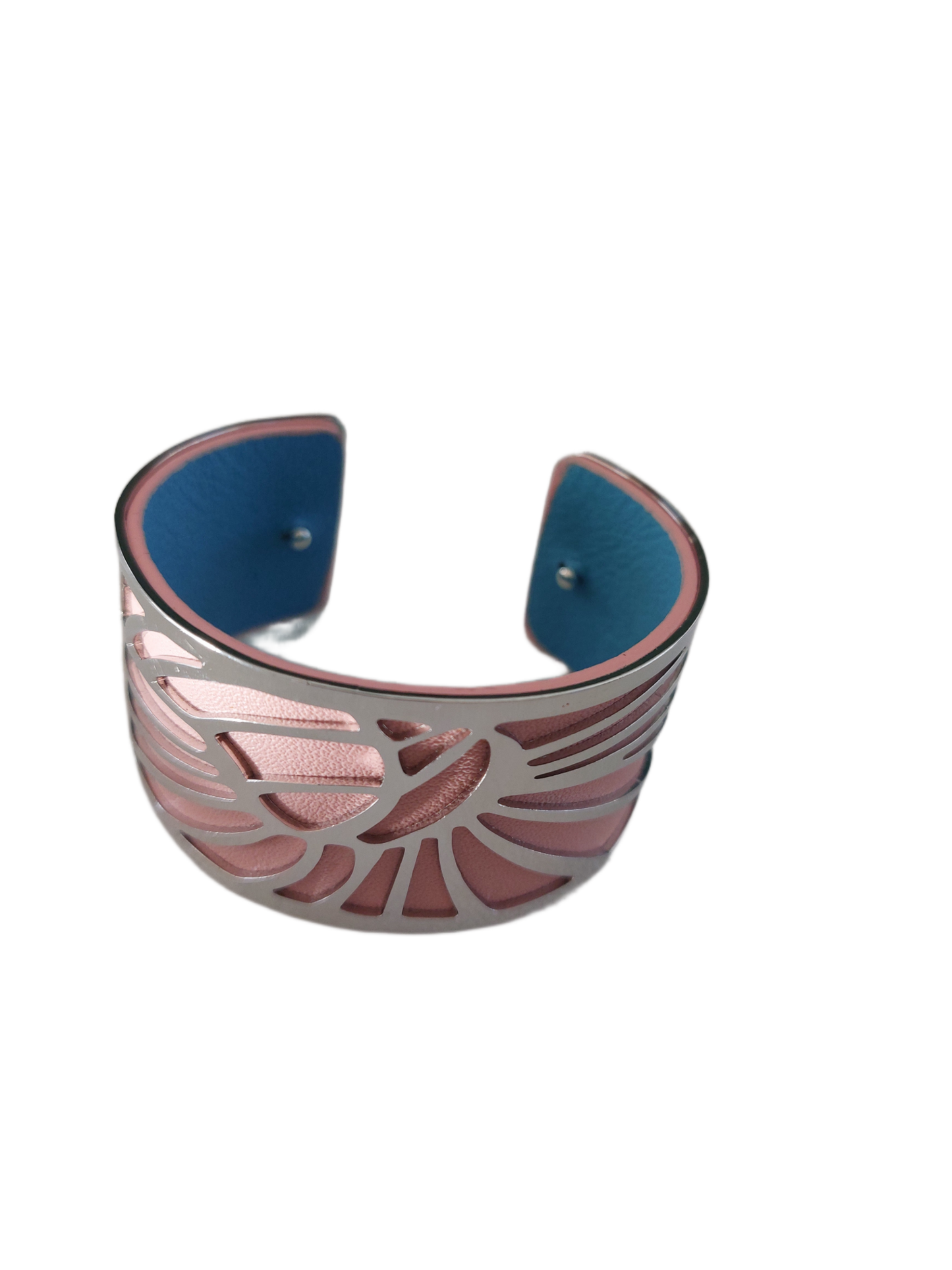 Brede zilverkleurige armband met ROZE-LICHTBLAUW PU lederen band, 3 cm
