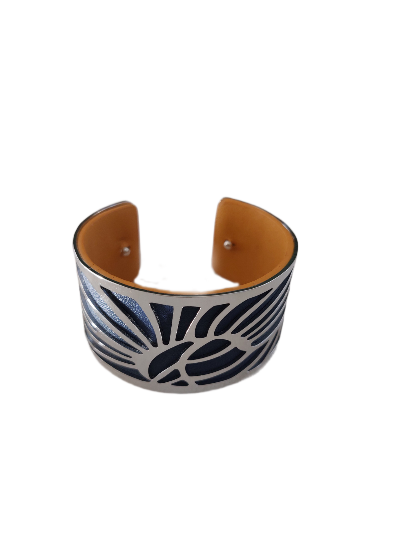 Brede zilverkleurige armband met DONKERBLAUW-OKERGEEL PU lederen band, 3 cm