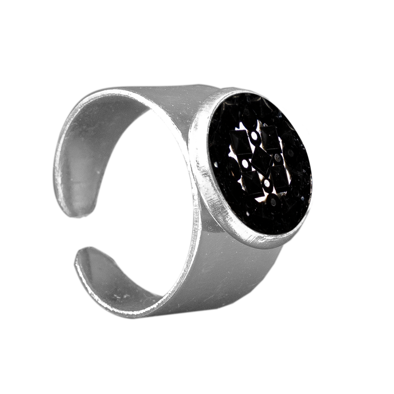 Verstelbare ring met 12mm Cabochon met Zwart Glans Reliëf design