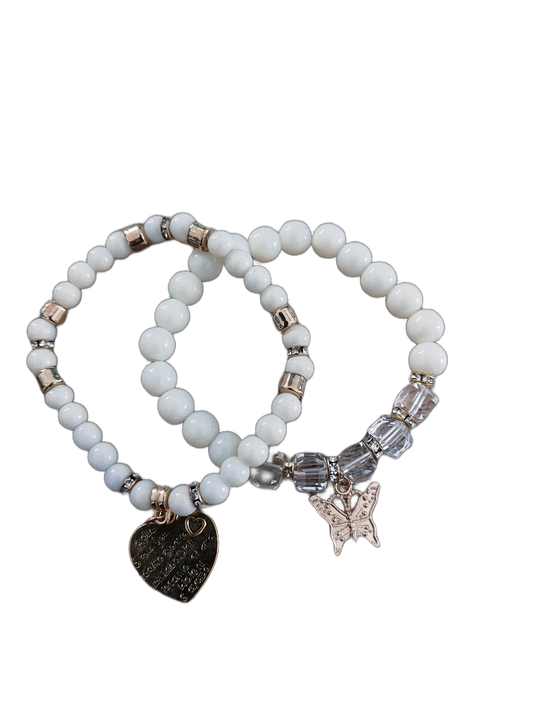 Armband Kralen WIT-GOUD ‘Hart & Vlinder’, set van 2