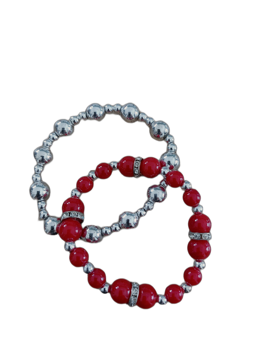 Armband Kralen ROOD-ZILVER, set van 2