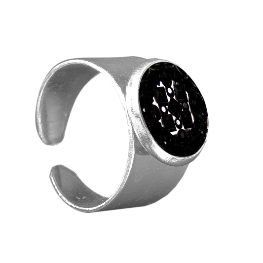 Verstelbare ring met 12mm Cabochon met Zwart Glans Reliëf design